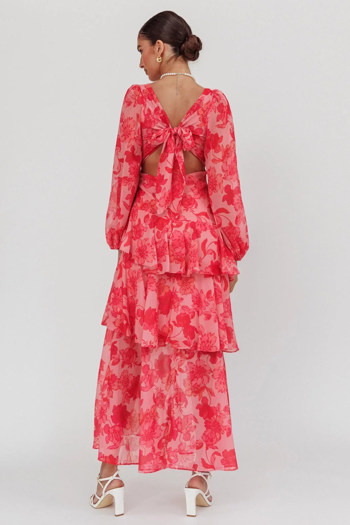 Veda Long Sleeve Floral Tiered Ruffle Maxi Dress Pink