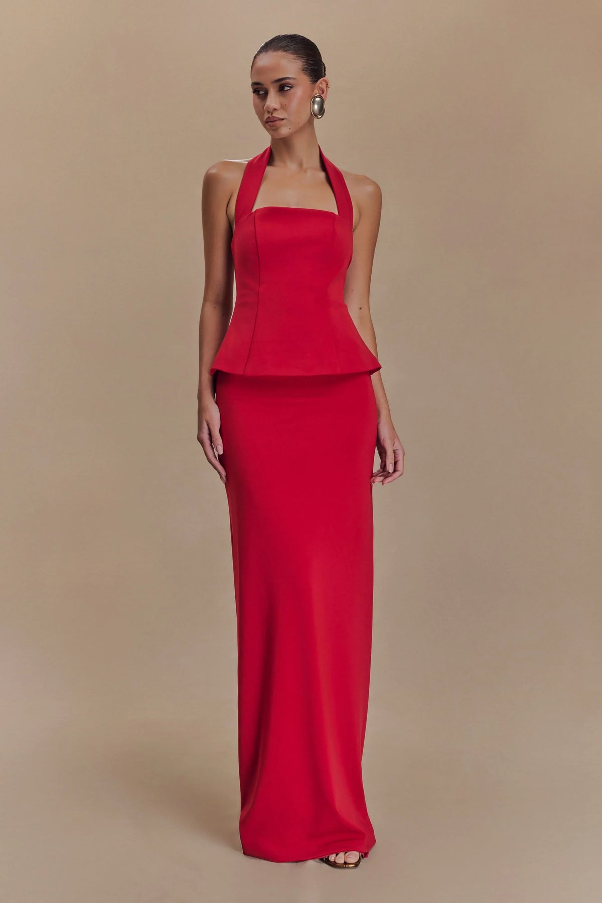 Bertie Peplum Halter Maxi Dress - Ruby