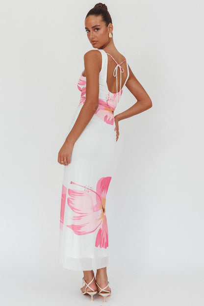 Oliana V-Neck Mesh Maxi Dress Hibiscus White/Pink