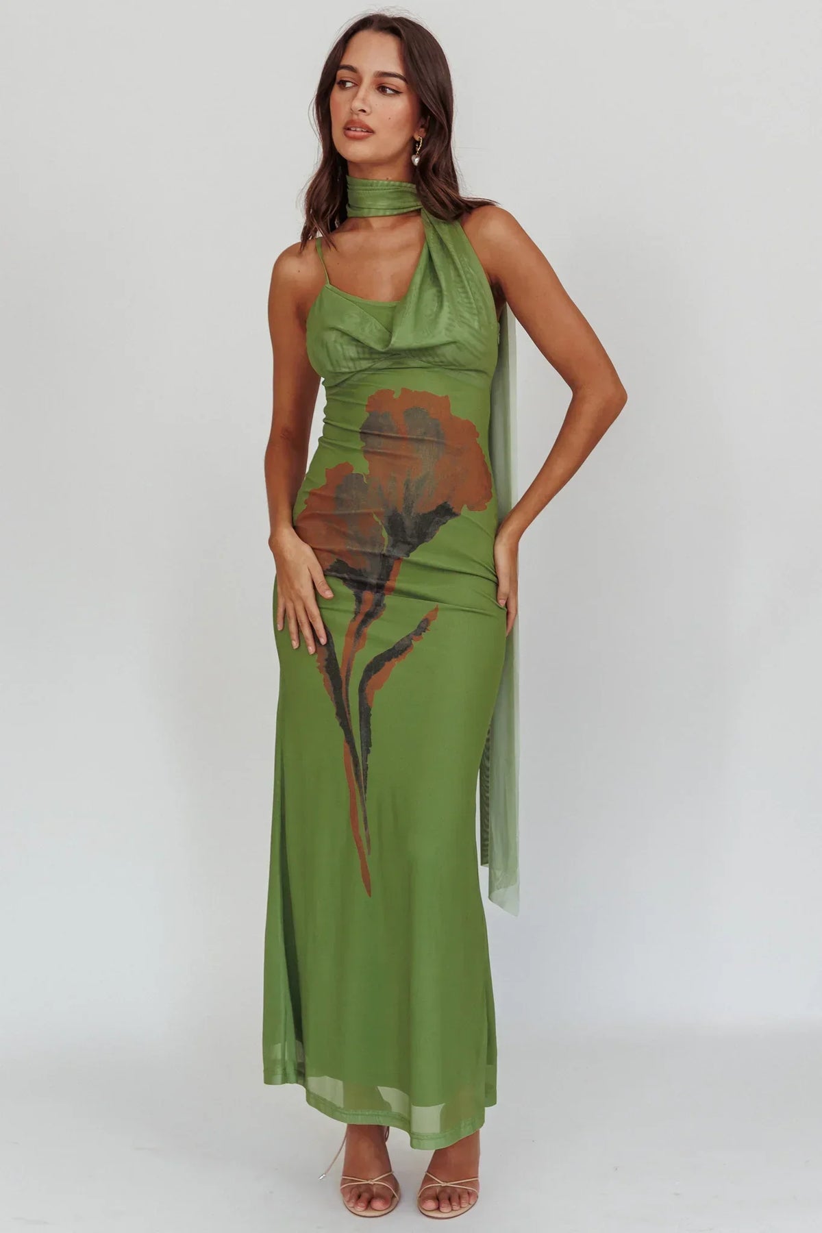 No Surprises Scarfed Floral Maxi Dress Green