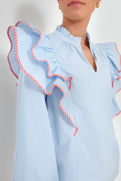 Blue Stripe Gingham Ruffle Holly Blouse
