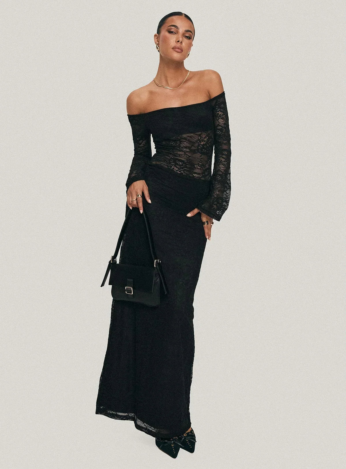 Pinot Grigio Long Sleeve Lace Maxi Dress Black