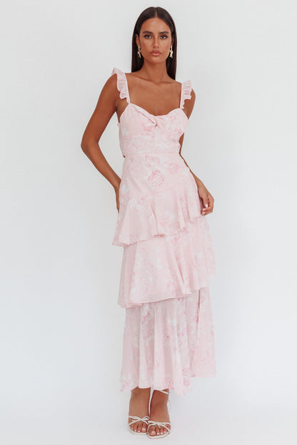 Veda Ruffle Strap Split Maxi Dress Roses Blush