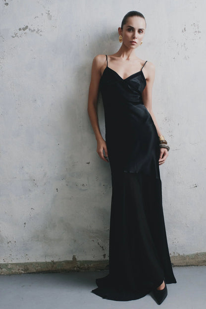 Evelyn Iridescent Satin Maxi Dress - Black
