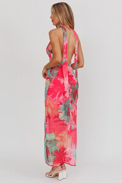 Cipriana Backless Halter Maxi Dress Floral Fuchsia