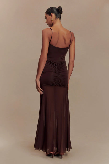 Delaney Slinky And Mesh Maxi Dress - Chocolate