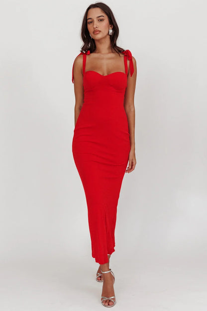 Rose Garden Tied Shoulder Maxi Dress Red