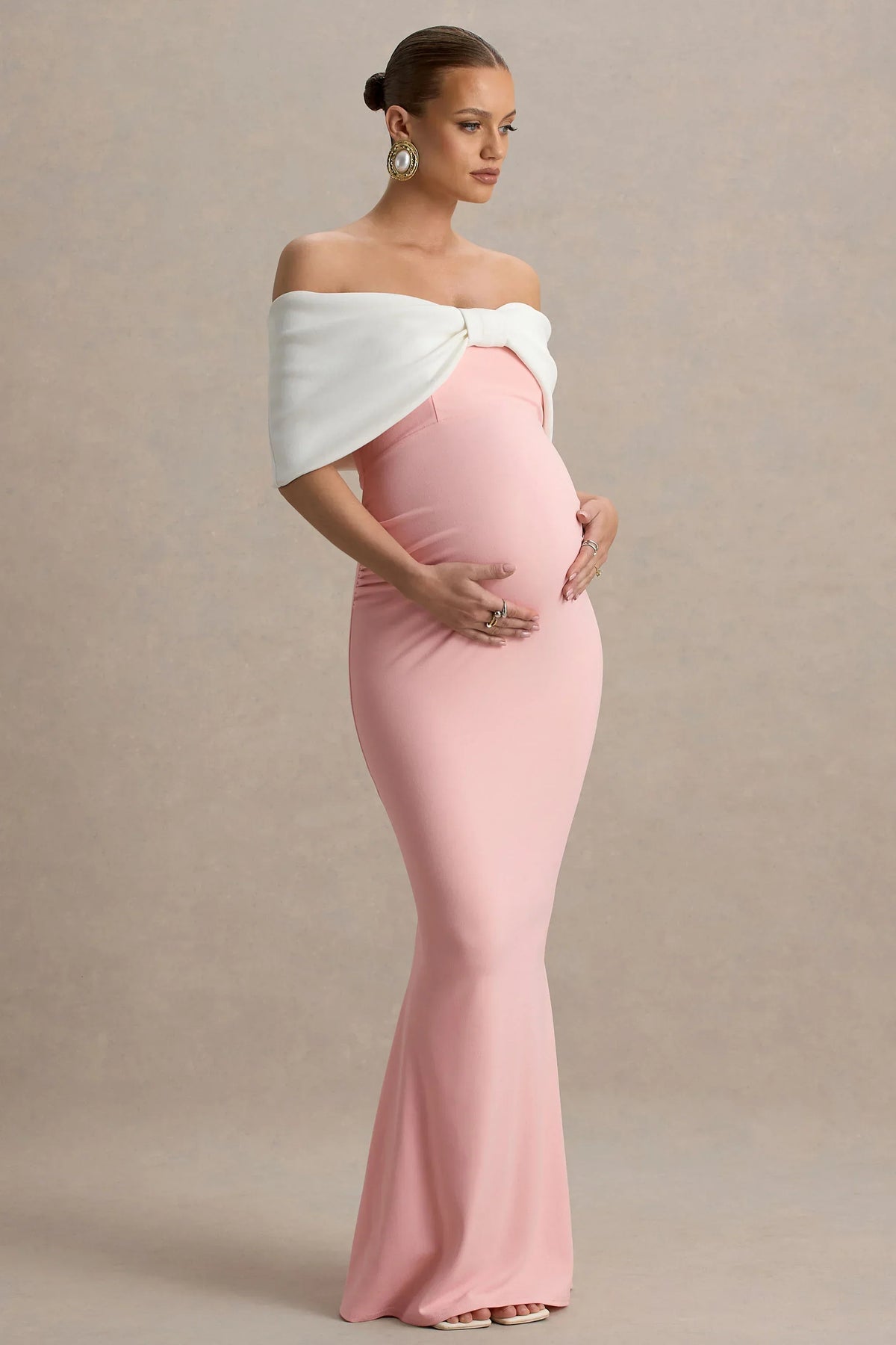 Libra | Pink & White Bow Bardot Maternity Maxi Dress