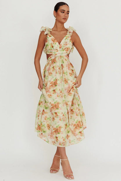Madara Lace-Up Back Floral Maxi Dress Orange