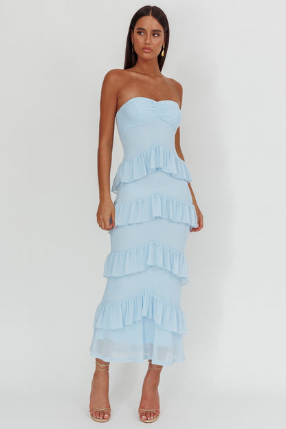 Dulce Dreams Sweetheart Neckline Frill Maxi Dress Blue