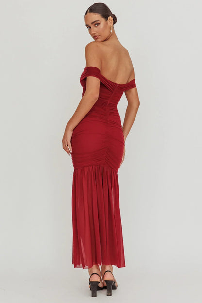 La Salle Off Shoulder Mesh Maxi Dress Wine