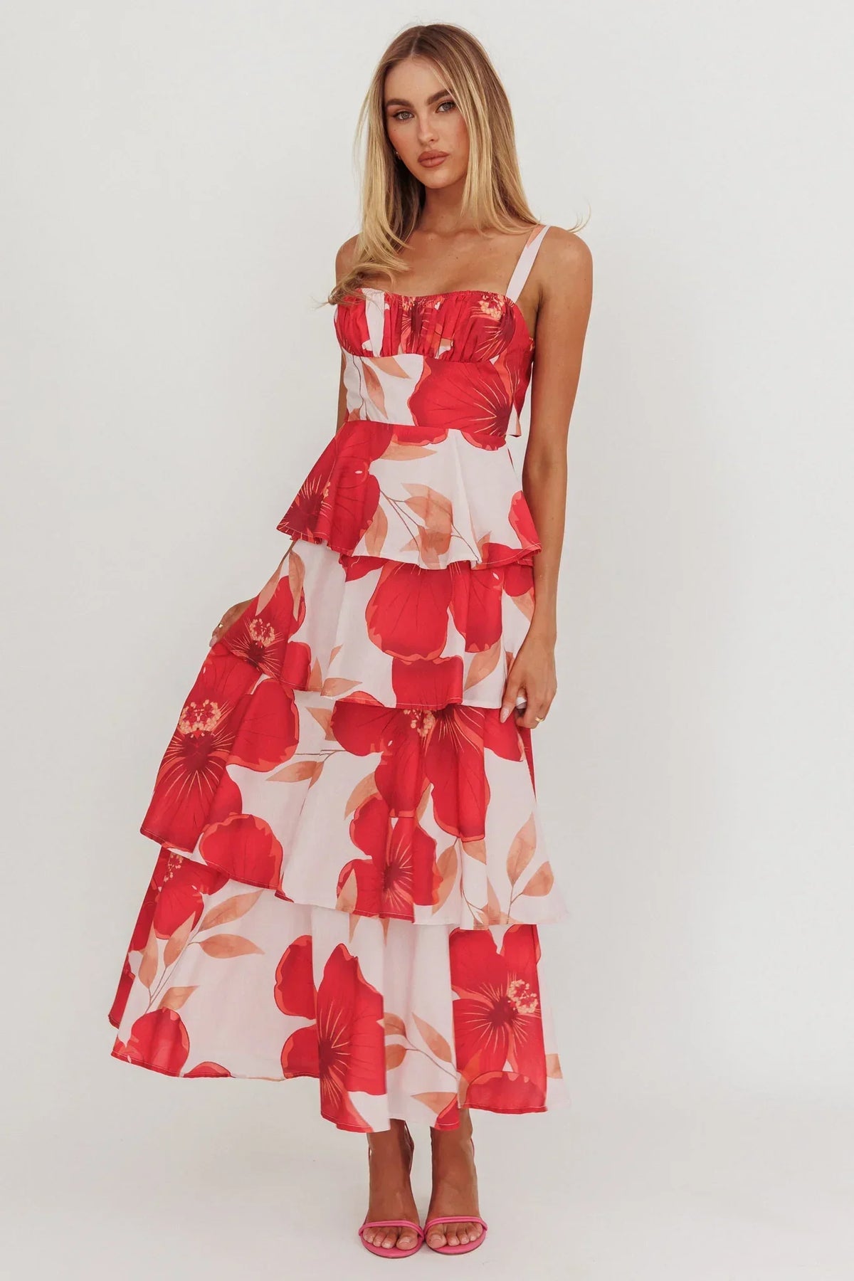 Provence Bloom Tiered Ruffle Floral Maxi Dress Blush