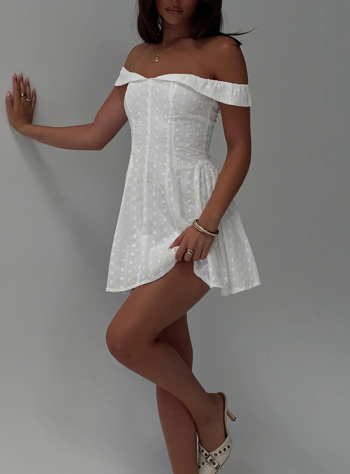 Rosebud Broderie Off The Shoulder Mini Dress White