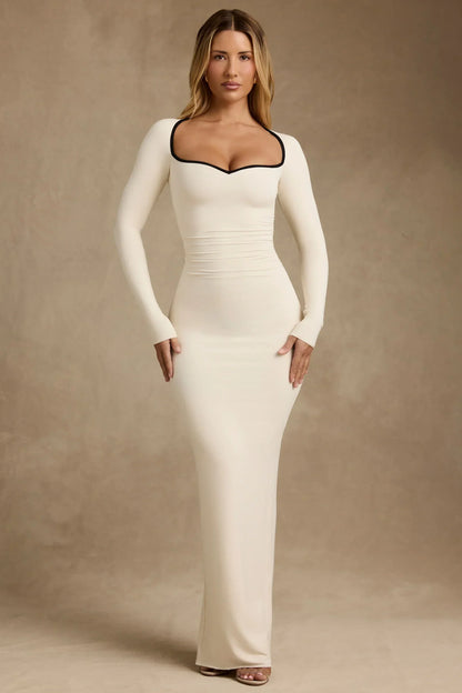 Modal Contrast-Trim Maxi Dress in Ivory