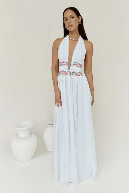 Maldives Garden Halter Maxi Dress White