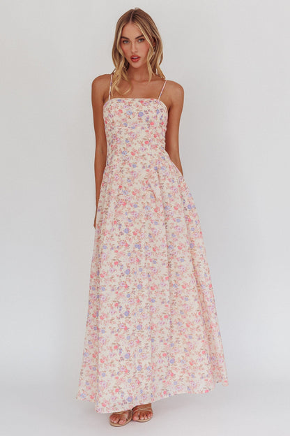 Daisy Day Basque Waist Maxi Dress Floral Blue