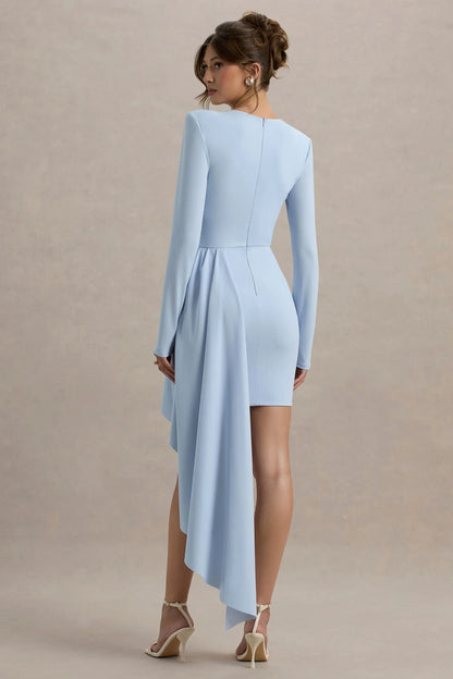 Zaya | Powder Blue Long Sleeve Mini Dress With Drape