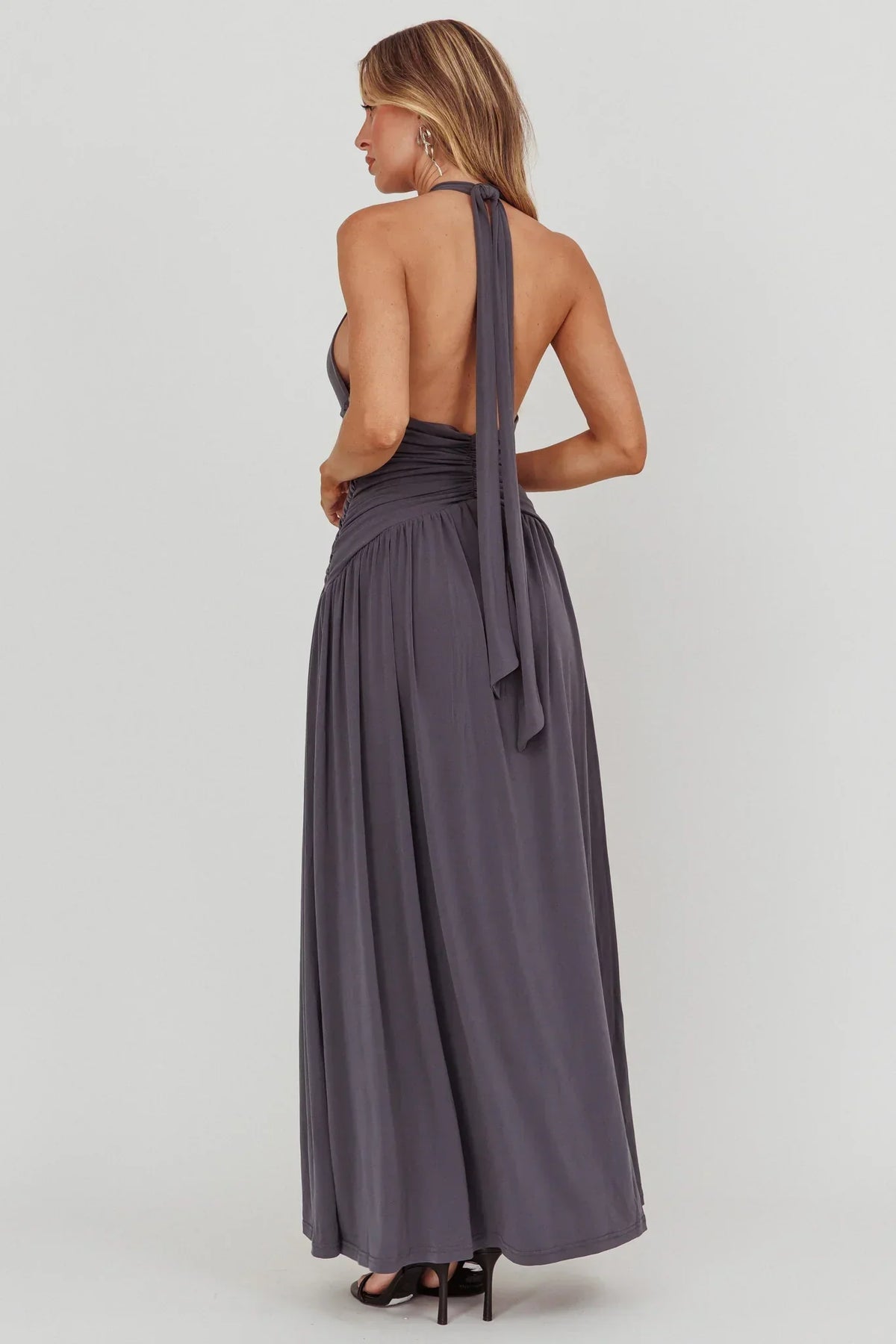 Italia Azure Gathered Waist Maxi Dress Charcoal