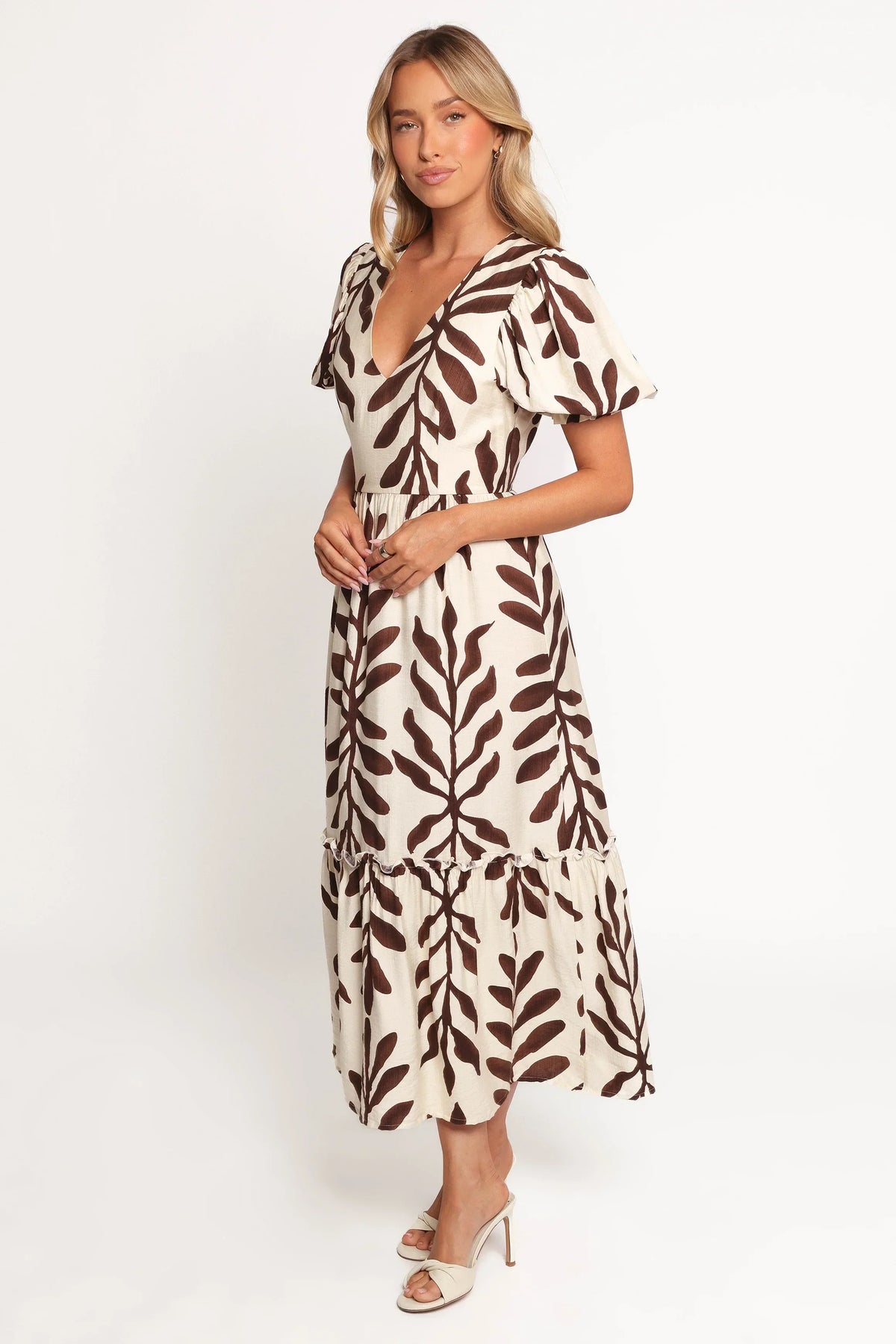 Steele Puff Sleeve Midi Dress - Brown Palm
