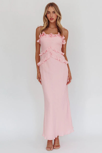 On A Roll Frill Trim Maxi Dress Pink