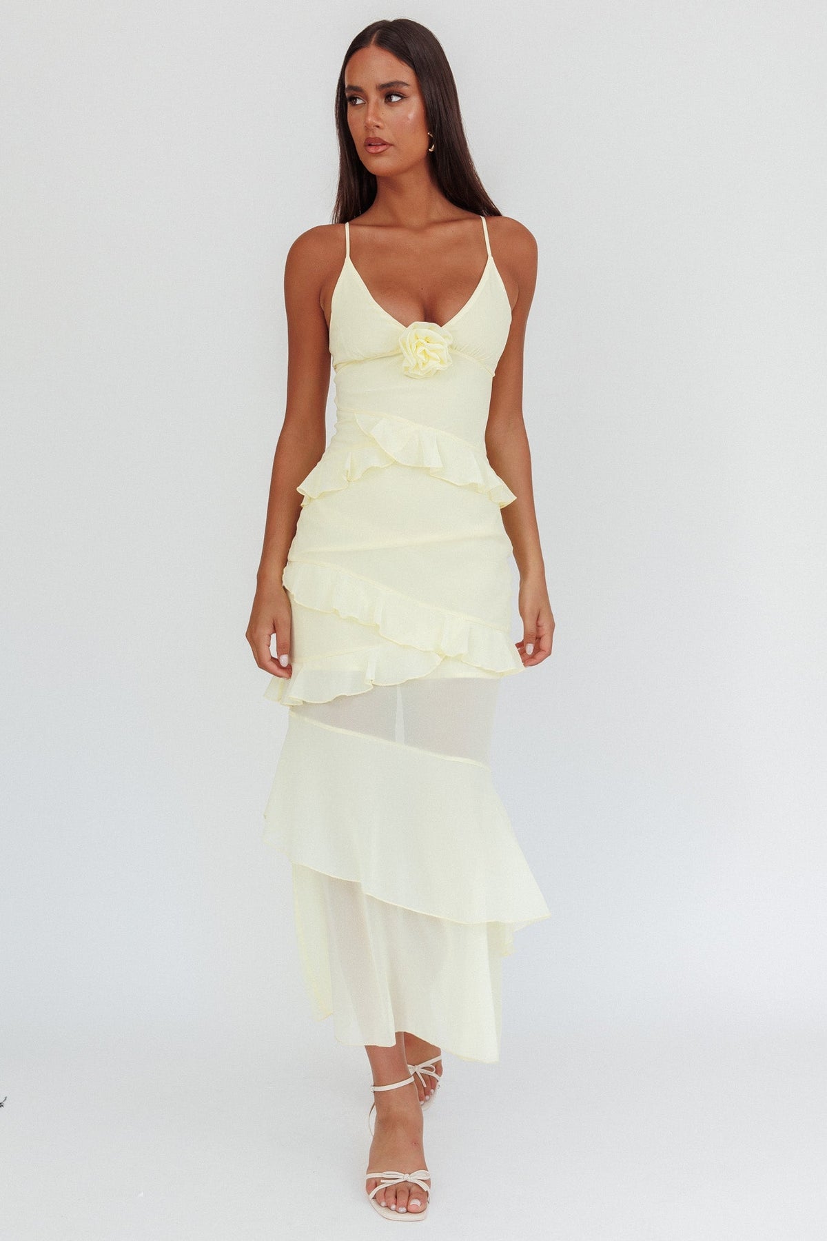 Marlie Frill Trim Rosette Maxi Dress Butter