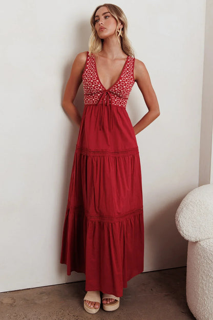 Joycelin V-Neck Eyelet Maxi Dress Red