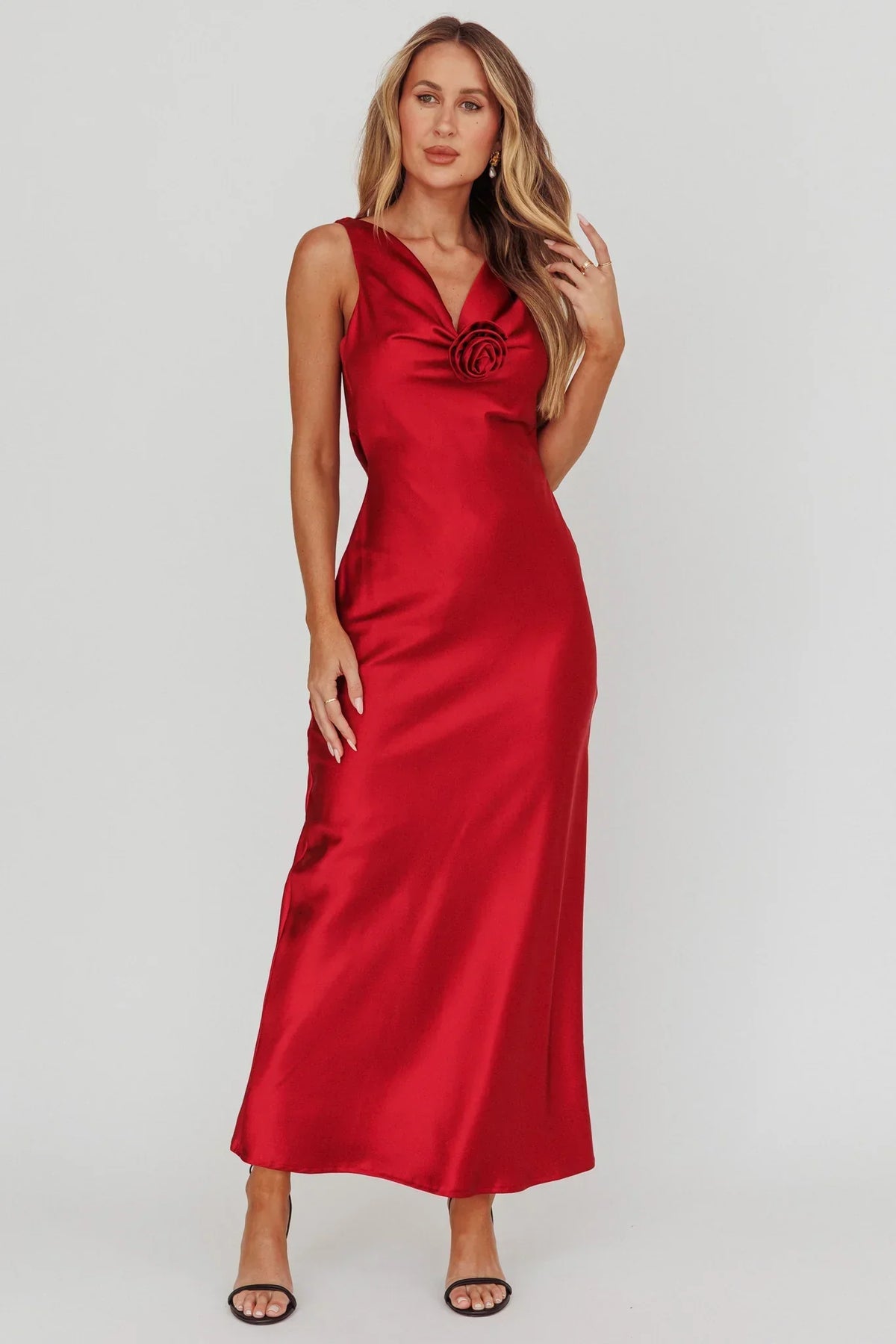Isabella Satin Backless Maxi Dress Wine