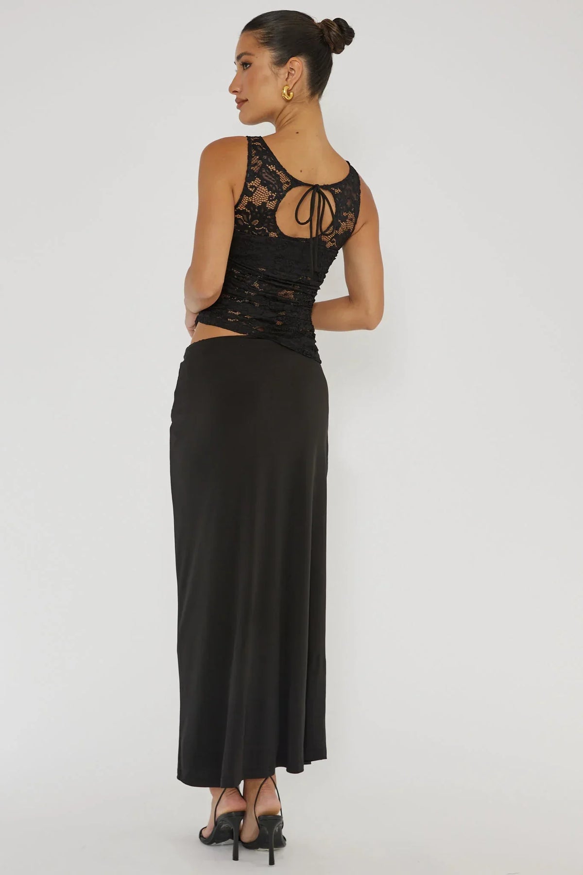 Lorely Ruched Lace Bodice Maxi Dress Black