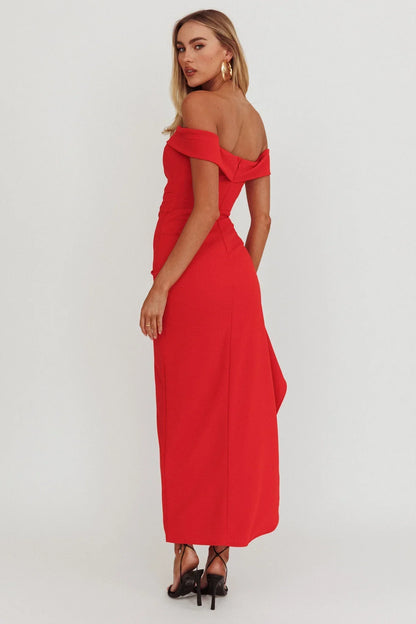 Cha Cha Off Shoulder Thigh Split Maxi Dress Red