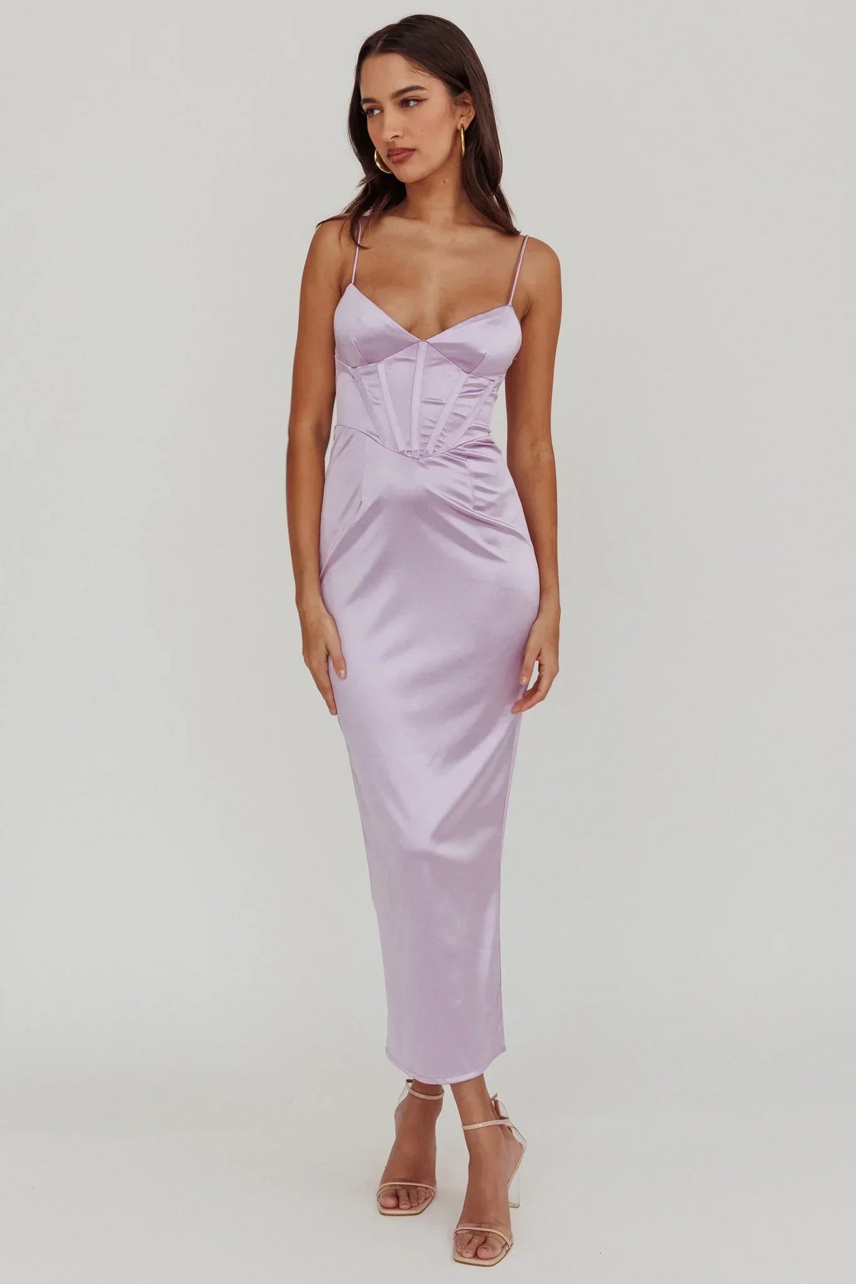 Seraya Lace-Up Back Satin Maxi Dress Lilac