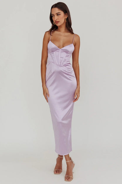 Seraya Lace-Up Back Satin Maxi Dress Lilac