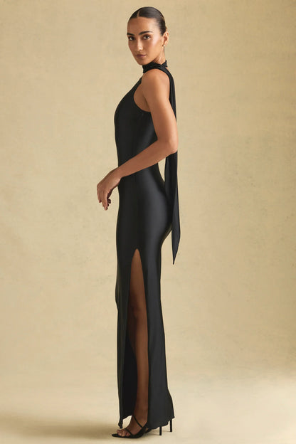 Asymmetric Scarf-Detail Maxi Dress in Black