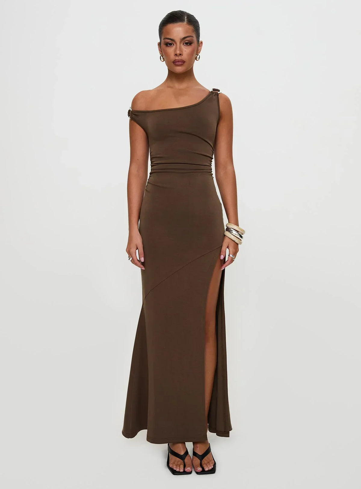 Rios One Shoulder Maxi Dress Brown
