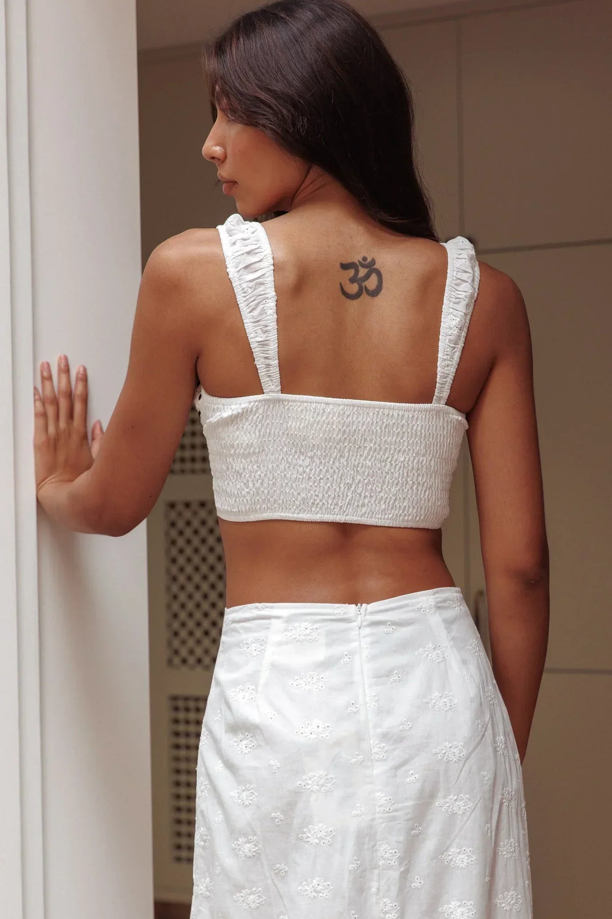 Helga Eyelet Embroidery Bow Crop Top White