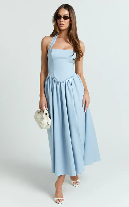 Helda Midi Dress Halter Tie Neck Corset Panel Dress in Soft Blue