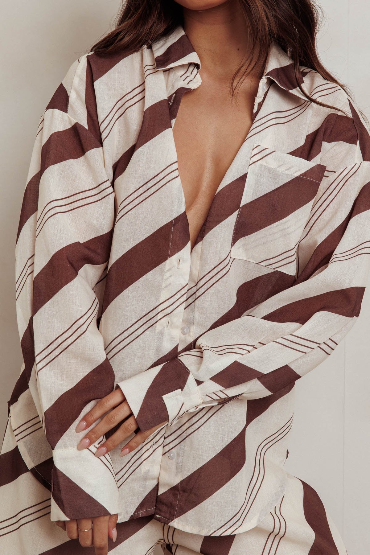 Alex Long Sleeve Striped Print Shirt Cream/Cacao