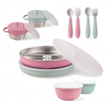 Stainless Steel Mealtime Bundle | Plates, Bowls, Snack Cups + Toddler Utensils | Normal Sleeves | Blush/Sage