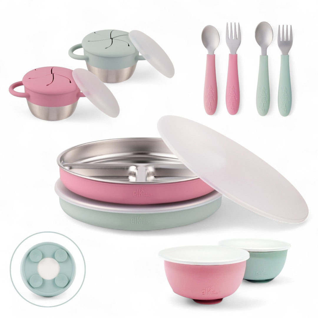 Stainless Steel Mealtime Bundle | Plates, Bowls, Snack Cups + Toddler Utensils | Suction Sleeves | Blush/Sage