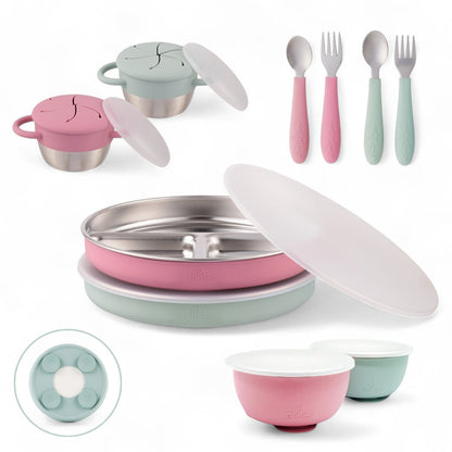 Stainless Steel Mealtime Bundle | Plates, Bowls, Snack Cups + Toddler Utensils | Suction Sleeves | Blush/Sage