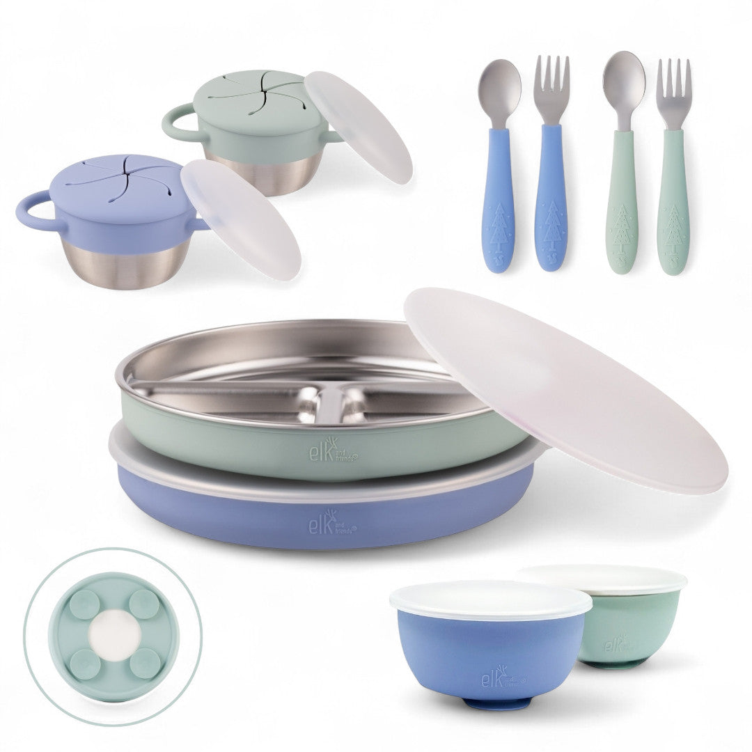 Stainless Steel Mealtime Bundle | Plates, Bowls, Snack Cups + Toddler Utensils | Suction Sleeves | Sage/MistyBlue