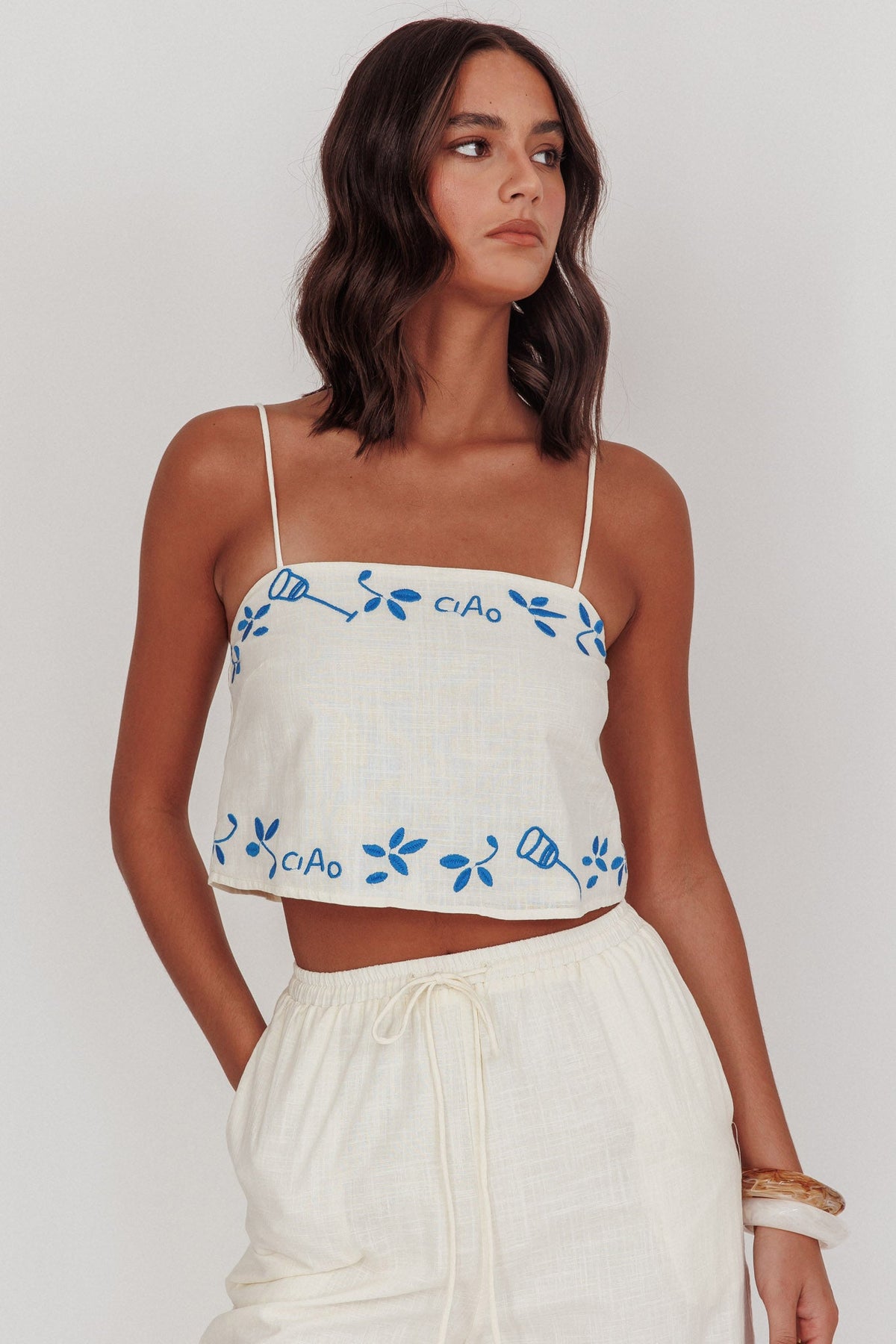 Sorrento Summer Embroidered Crop Top Beige