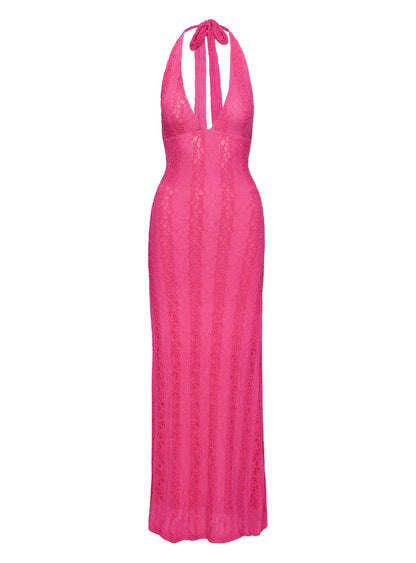 Zoi Lace Halter Maxi Dress Hot Pink