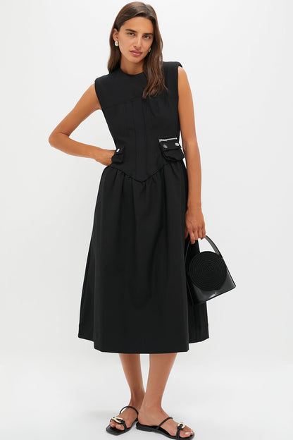 Black Heavy Cotton Tailoring Corset Midi Dress