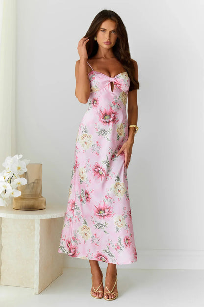 Sun Drenched Shores Satin Midi Dress Pink
