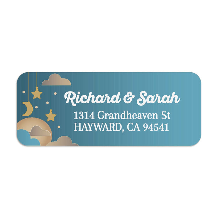 Custom night sky address labels on pink and burgundy envelopes, featuring blue background with whimsical stars and moon design - XOXOKristen
