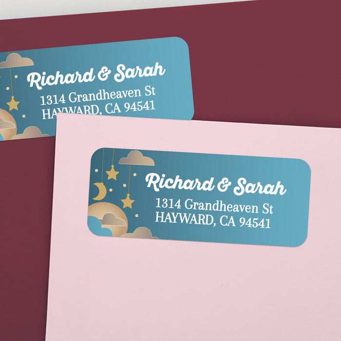 Personalized rectangular return address label with teal blue background, hanging golden stars, crescent moon, and clouds with bold white text - XOXOKristen