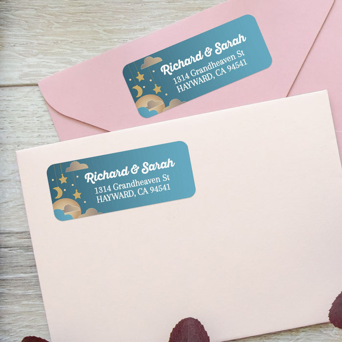 Close-up of personalized return address sticker with celestial night sky motif, golden stars, crescent moon, and playful typography - XOXOKristen