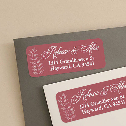 Personalized burgundy rectangular return address label with delicate white botanical sprig design and elegant cursive script typography - XOXOKristen