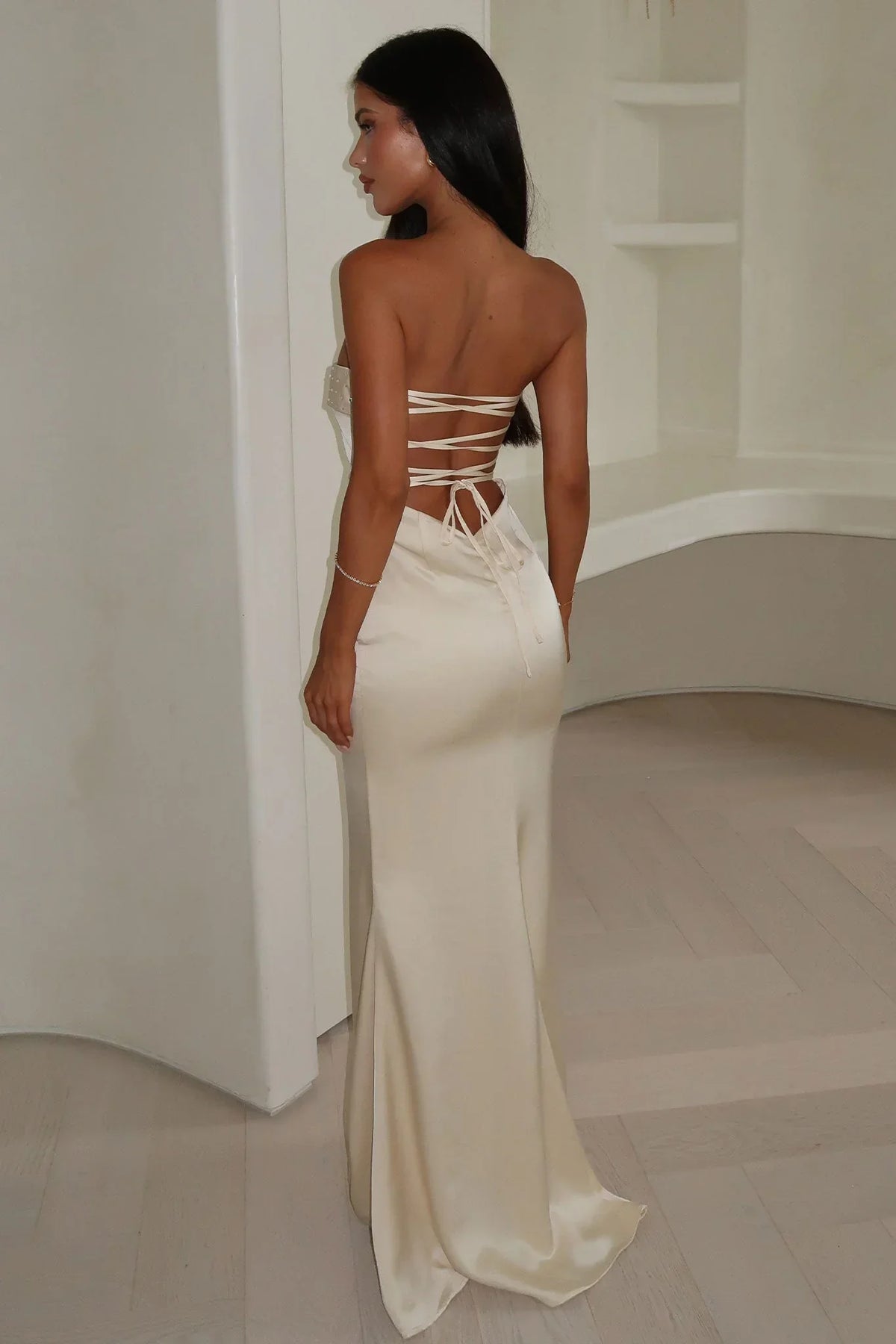 Ophelia Strapless Embellished Satin Maxi Dress - Champagne