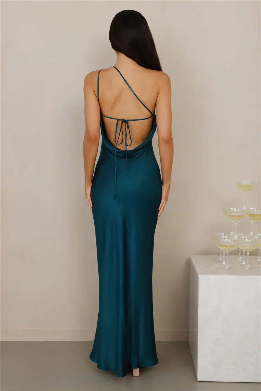 The Evangeline One Shoulder Satin Maxi Dress Teal